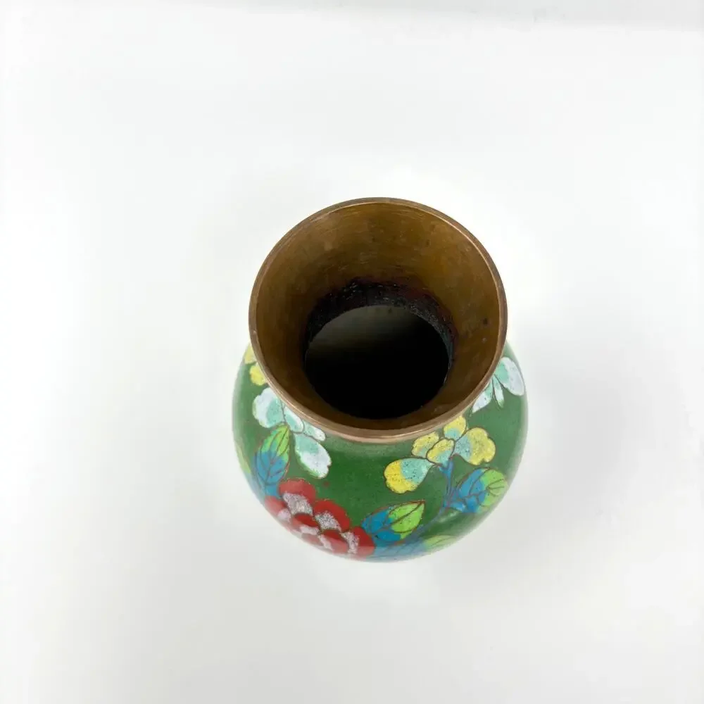 Antique Chinese Cloisonne Enamel Green Floral Vase Republic Period 1890s 1920s